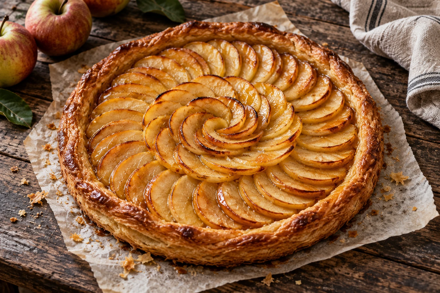 A golden apple tart with overlapping apple slices and crisp pastry