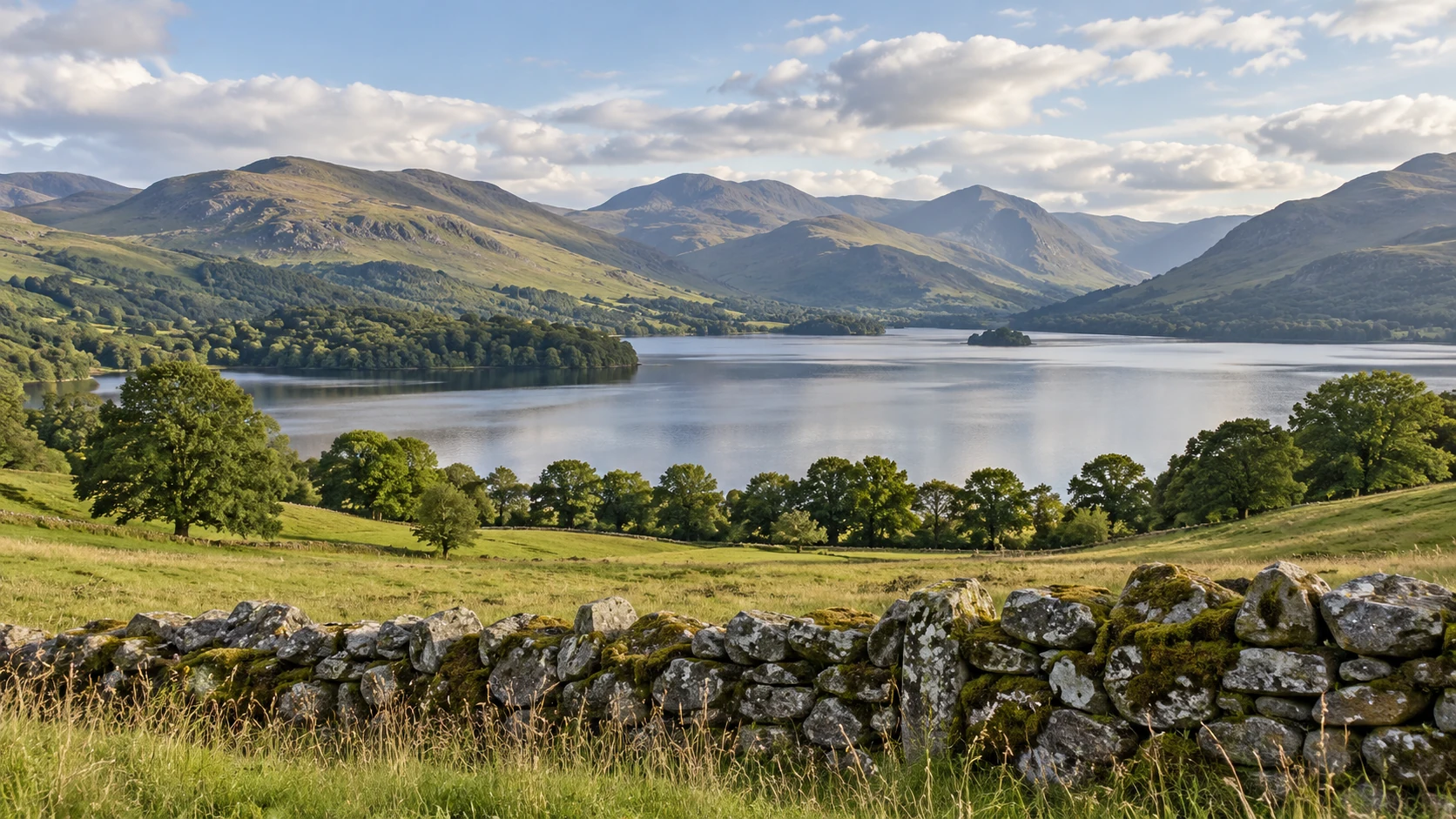 A dry stone wall overlooking lakeside meadows and distant fells