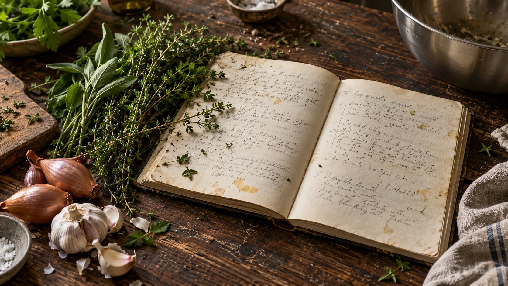 An open recipe notebook, fresh herbs and shallots on a wooden kitchen table
